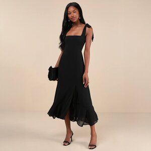 Lulus Summer Invite Black Tie-Strap Tiered Midi Dress – Size Medium – Worn Once
